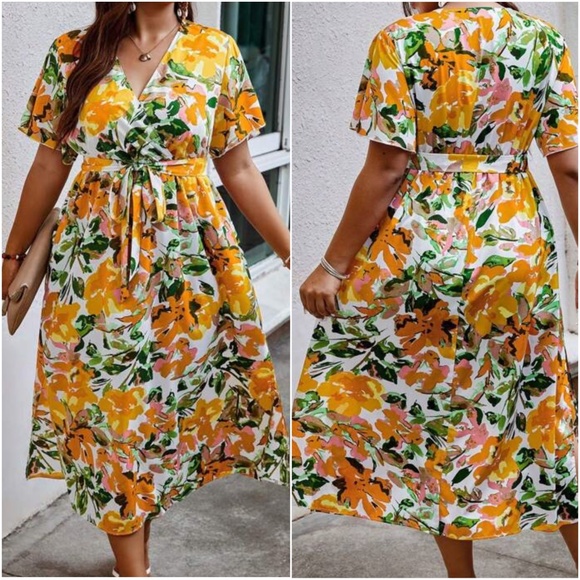 Plus Floral Print Butterfly Sleeve Dress - Picture 3 of 8